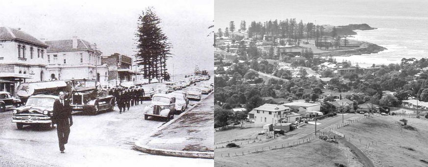 Two black-and-white photos: on the left, a funeral procession departs from Kiama Funeral Chapel; on the right, a coastal townscape shows houses, trees, and shoreline along the water. by H Parsons Funeral Directors