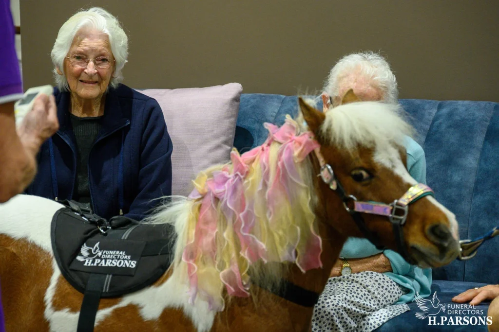 An elderly woman smiles while sitting on a sofa beside another person and a small therapy horse from Therapy Horses Illawarra, its colourful, ribboned mane and "Funeral Directors H. Parsons" saddle brightening the moment. by H Parsons Funeral Directors