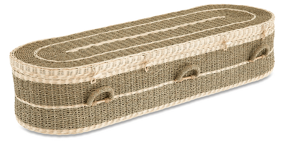 A biodegradable, oval-shaped woven wicker coffin with braided rope handles, designed for green burial. The coffin features natural, light brown and beige hues—an eco-friendly alternative to traditional coffins or biodegradable urns. by H Parsons Funeral Directors