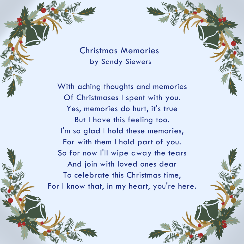 A decorative holiday wreath frames a poem titled "Christmas Memories" by Sandy Siewers, reflecting on cherishing past Christmases with loved ones and gently touching on the warmth, love, and holiday grief that can come with grieving during holidays. by H Parsons Funeral Directors