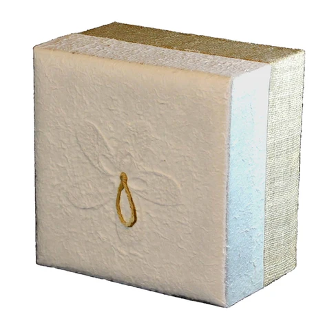 A square, textured white box with a faint embossed dragonfly design on the front and a loop of twine; the spine appears to be covered in a woven, natural-coloured material—an elegant biodegradable urn ideal for green burial. by H Parsons Funeral Directors