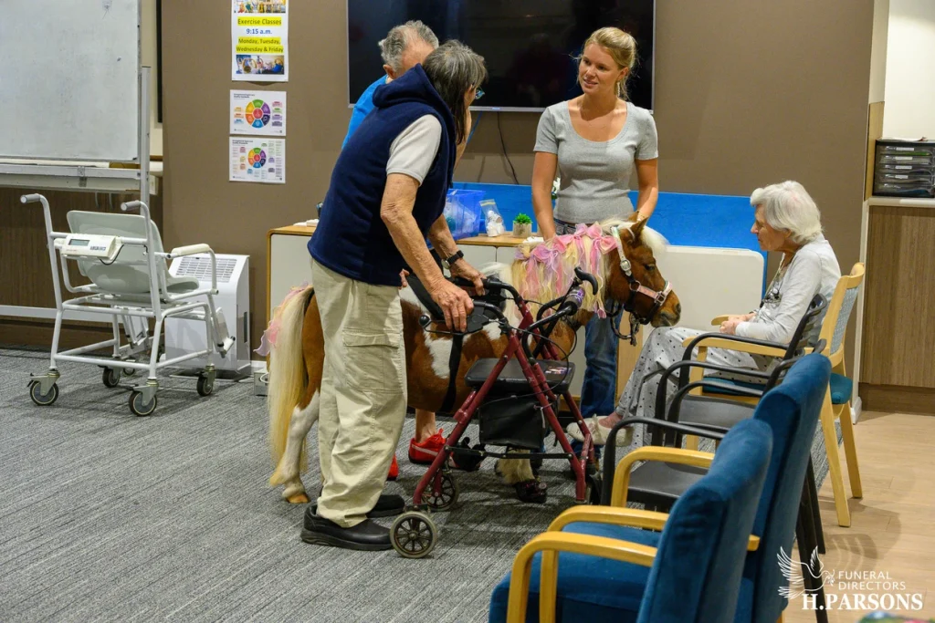 An elderly woman with a walking frame pets a small pony wearing pink ribbons—one of the therapy horses Illawarra provides—while two people and another seated elderly woman watch in a room with chairs and medical equipment. by H Parsons Funeral Directors