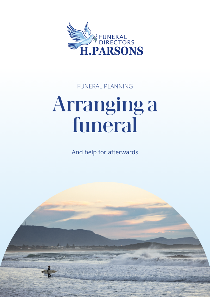Brochure cover for H. Parsons Funeral Directors titled "Arranging a funeral and help for afterwards," featuring a surfer in the sea with mountains and a sunset in the background. by H Parsons Funeral Directors
