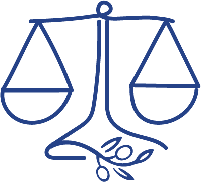 A simple blue line drawing of balanced scales above an olive branch, symbolising justice and peace, perfect for a Justice of the Peace or those offering legal services. by H Parsons Funeral Directors