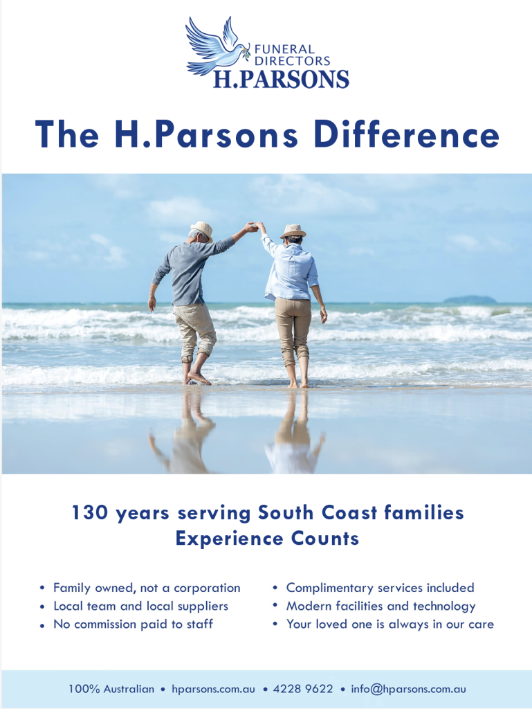 An older couple holding hands and dancing on a beach, with waves in the background. Text promotes H. Parsons Funeral Directors’ values, services, brochures, and 130 years of serving South Coast families. Contact details are provided at the bottom. by H Parsons Funeral Directors