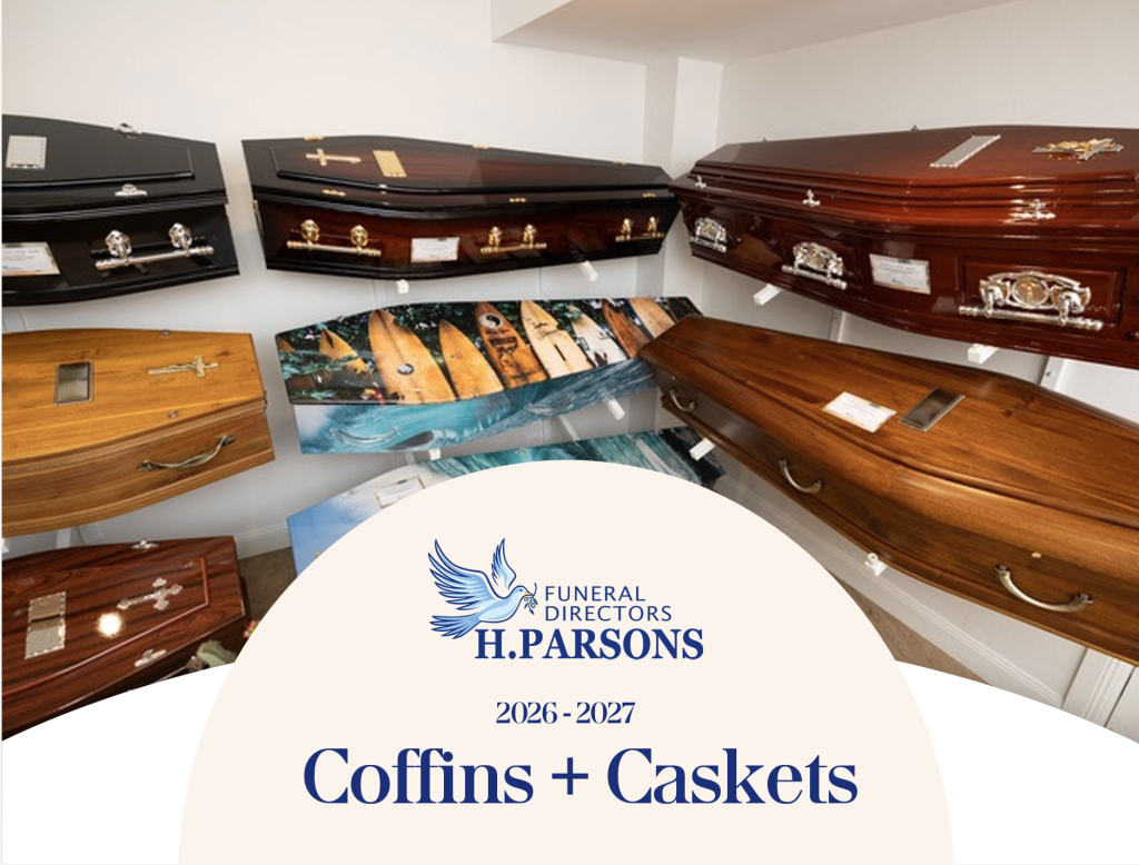 A display room with various wooden and metal coffins and caskets arranged on the walls and floor. Guides and brochures are available below a sign reading "H. Parsons Funeral Directors 2026-2027 Coffins + Caskets. by H Parsons Funeral Directors