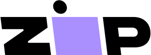 The image shows the word "zip" in a modern, bold font. The letter "i" is represented by a black dot above a large purple square, with the "z" and "p" in black on either side. by H Parsons Funeral Directors
